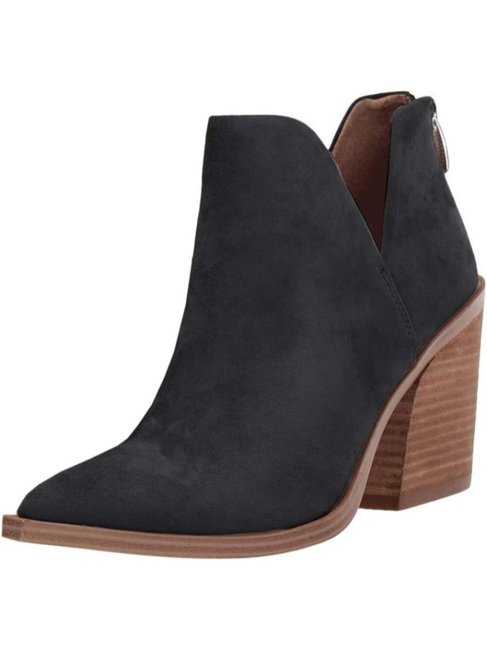 Women's Black Pointed Toe Chunky Stacked Mid Heel Solid Slip on Ankle Boot Shoes